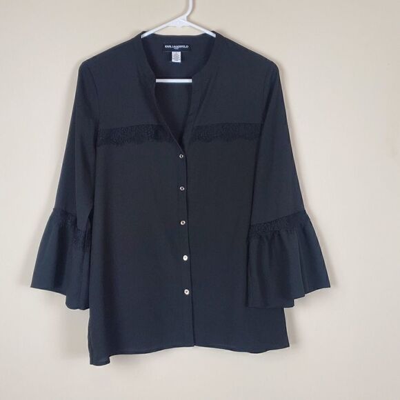 Karl Lagerfeld Paris Black Button-up Bell Sleeve Blouse - Picture 1 of 7